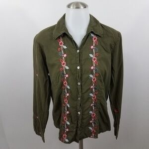 ~ J Jill Top‎ Womens S Embroidered Green Floral But